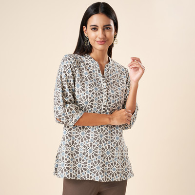 Akkriti by Pantaloons Casual Printed Women Light Blue, White, Grey Top