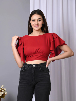 IQRAAR Casual Solid Women Maroon Top