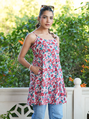 Janasya Casual Floral Print Women Pink Top