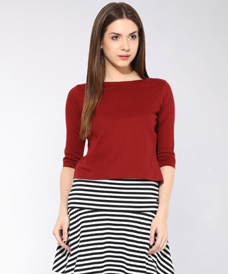 Miss Chase Casual 3/4 Sleeve Solid Women Maroon Top
