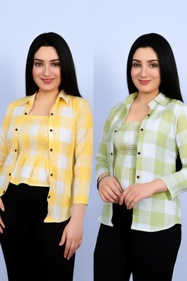 Fabhaat Casual Checkered Women Yellow, Green Top