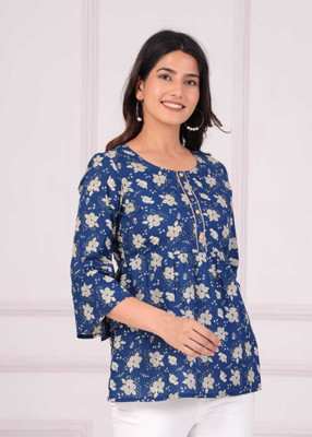 Fashvibes Casual Floral Print Women Dark Blue, White Top