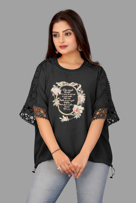MADBORN CREATION Casual Self Design Women Black Top