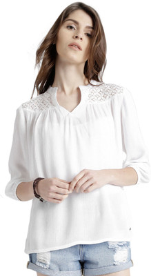 Roadster Casual 3/4 Sleeve Self Design Women White Top