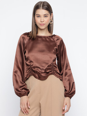 MAYRA Party Solid Women Brown Top