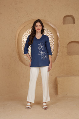 BIRDIEfashion Casual Embroidered Women Dark Blue Top