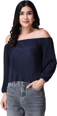 POPWINGS Casual Self Design Women Dark Blue Top