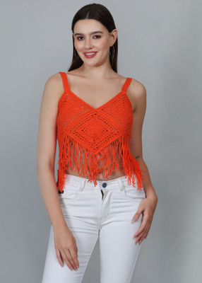 Fabme Beach Wear Self Design Women Orange Top