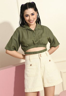 Raffaella Party Solid Women Dark Green Top