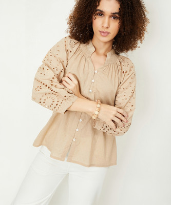 MAX Casual Solid Women Beige Top