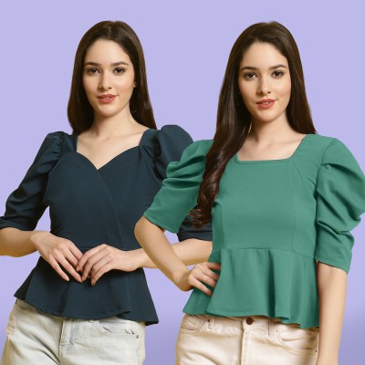 Fabflee Casual Solid Women Green, Dark Blue Top