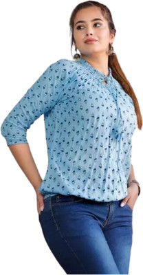 himanc Party Printed Women Light Blue Top