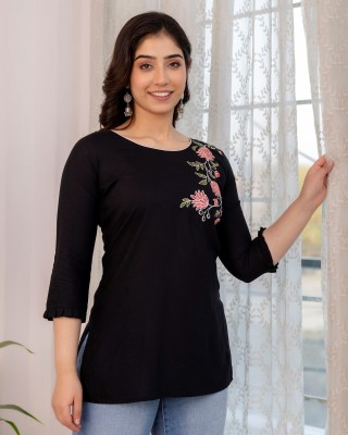 Kapadia Casual Embroidered, Solid Women Black Top
