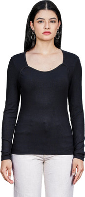 one sky Casual Solid Women Black Top