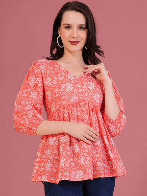 Kashonaa Women Printed Flared Kurta(Orange)