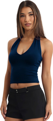 SIGHTBOMB Party Solid Women Dark Blue Top