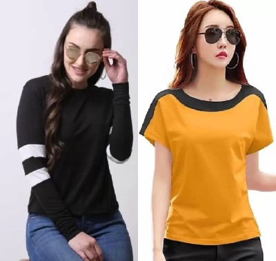 RYTE STYLE Casual Solid, Striped Women Black, Yellow Top