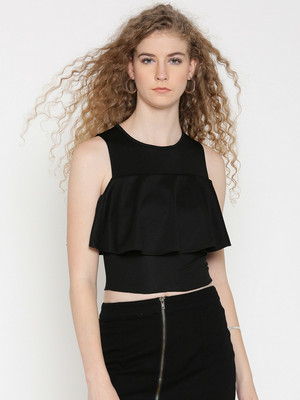 VENI VIDI VICI Casual Sleeveless Self Design, Printed, Solid Women Black Top
