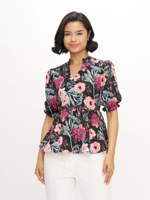 AASK Casual Floral Print Women Black Top