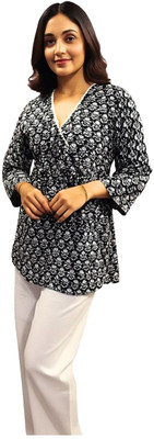 Parthasarathi collection Casual Printed, Floral Print Women Black, White Top