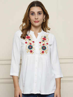 CORSICA Casual Embroidered Women White Top