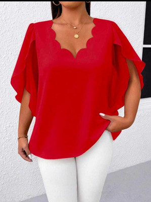 AFASION Casual Solid Women Red Top