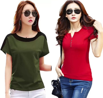 RYTE STYLE Casual Color Block, Solid Women Black, Dark Green Top