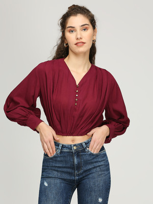 IZEL Casual Solid Women Maroon Top
