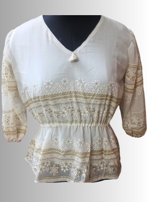 YES TEN Casual Printed Women White, Gold Top