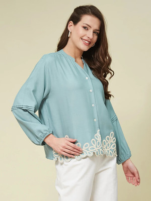 J TURRITOPSIS Casual Embroidered Women Light Blue Top