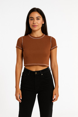 Crezystyl Casual Self Design Women Brown Top
