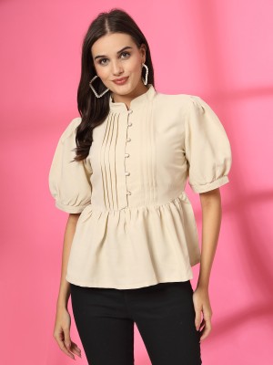 PLUSS Casual Solid Women Beige Top