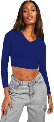 THE BLAZZE Casual Solid Women Dark Blue Top