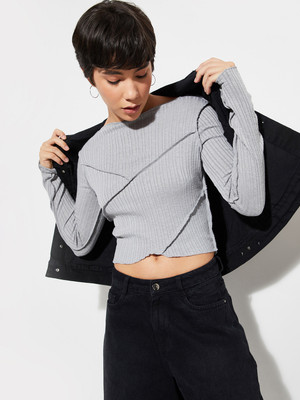 MAX Casual Striped Women Grey Top