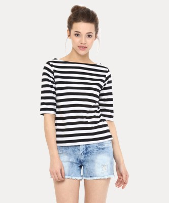 Miss Chase Casual Regular Sleeve Striped Women White, Black Top