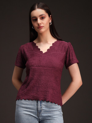 Emeros Casual Laser Cut, Solid, Self Design Women Brown Top