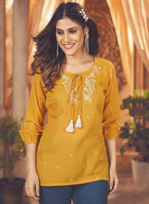 RR SA KURTIS Casual Embroidered Women Yellow Top