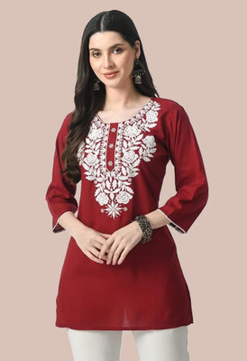 Aura Glam Casual Embroidered Women Maroon Top