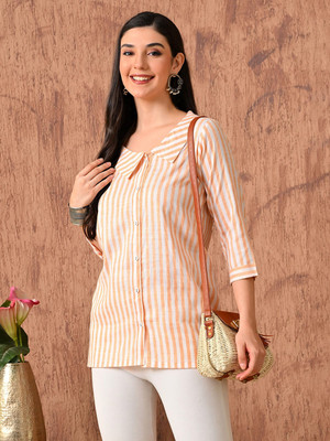 KAAHEERA Casual Striped Women Orange Top