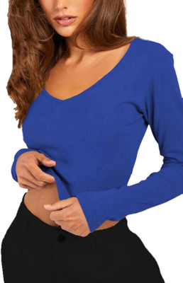 THE BLAZZE Casual Solid Women Dark Blue Top