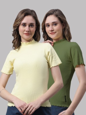 FBAR Casual Self Design Women Dark Green, Yellow Top