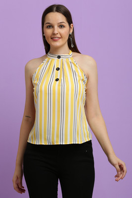 CLOTHINK India Casual Striped Women Yellow Top