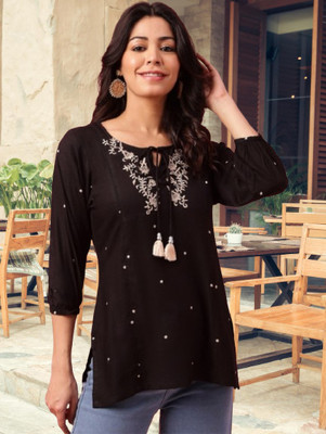 RR SA KURTIS Party Embroidered Women Black Top
