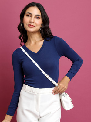 Tokyo Talkies Casual Solid Women Dark Blue Top