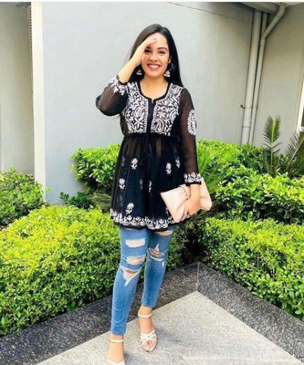 KRULRIN Casual Embroidered Women Black Top