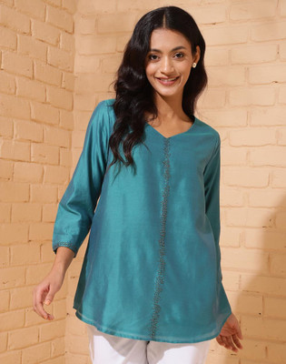 Fabindia Casual Self Design Women Blue Top
