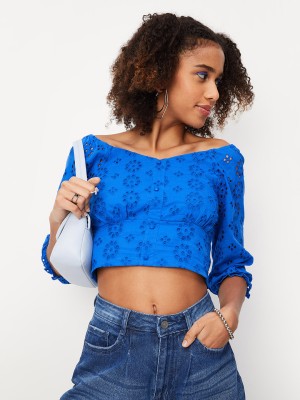 MAX Casual Solid Women Blue Top