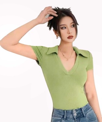 CNQFS FASHION Casual Solid Women Light Green Top