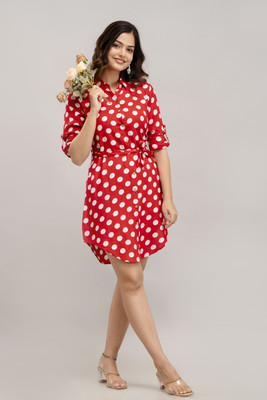 SHANGUL Women Polka Print A-line Kurta(Red)