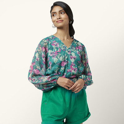PEOPLE Casual Printed Women Green Top